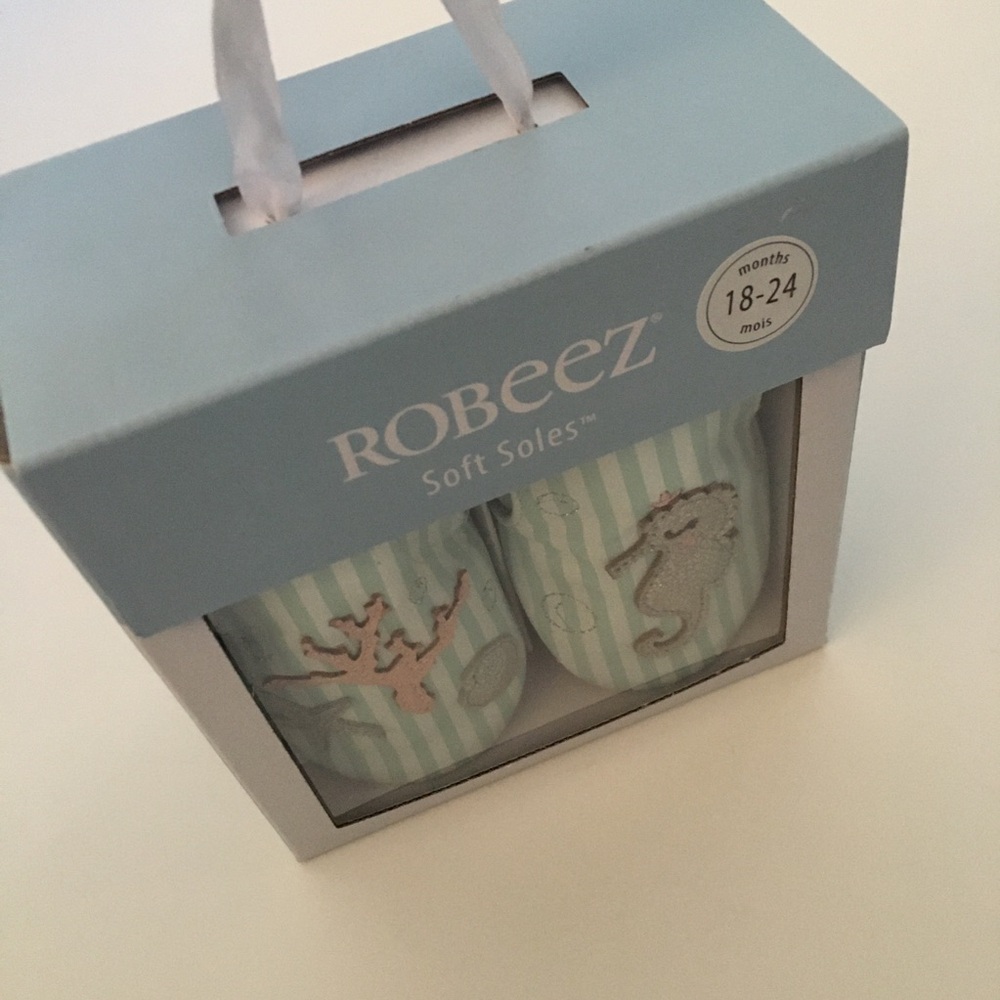 Robeez Soft Soles Baby Shoes in Mint Stripe with Seahorse & Coral 18-24M - Picture 13 of 14
